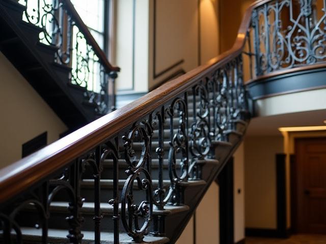 Escalier en fer forgé sur mesure, avec des volutes élégantes et une balustrade robuste.